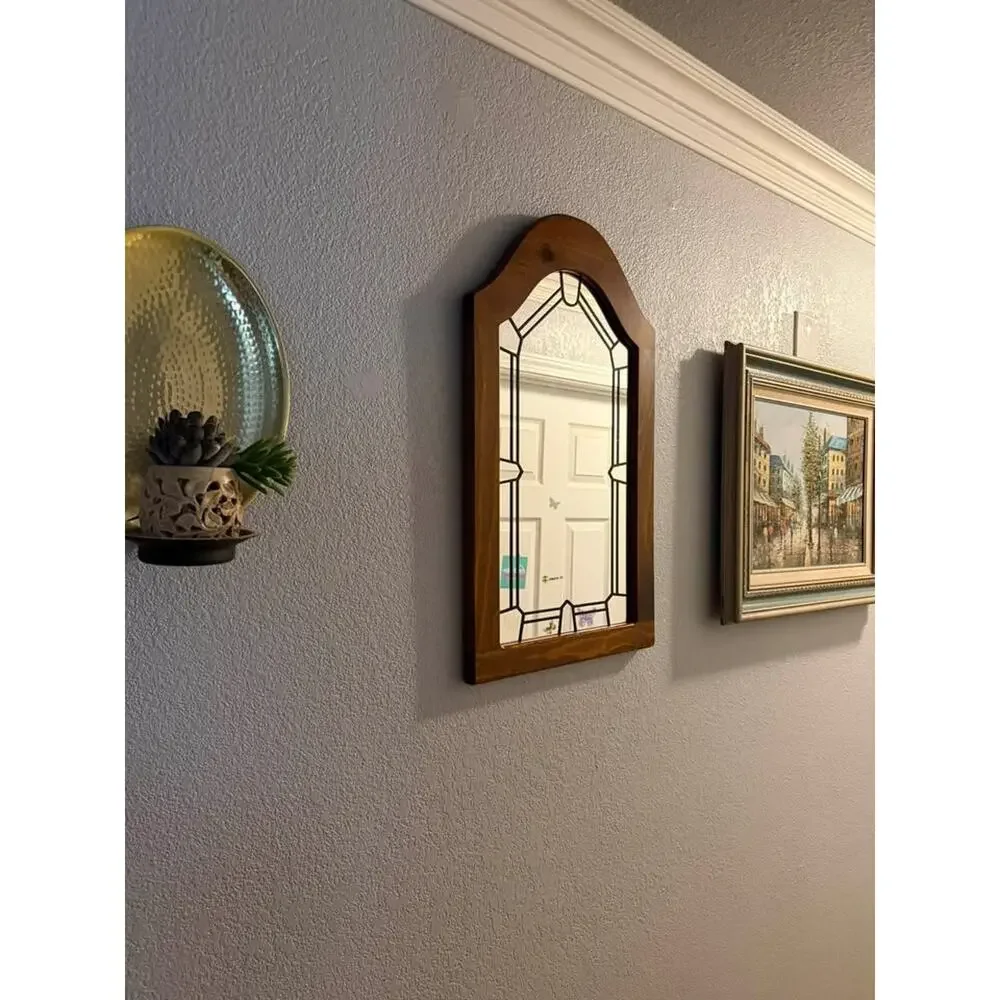 Vintage Wood & Leaded-Style Glass Arch Mirror – 23” x 13”